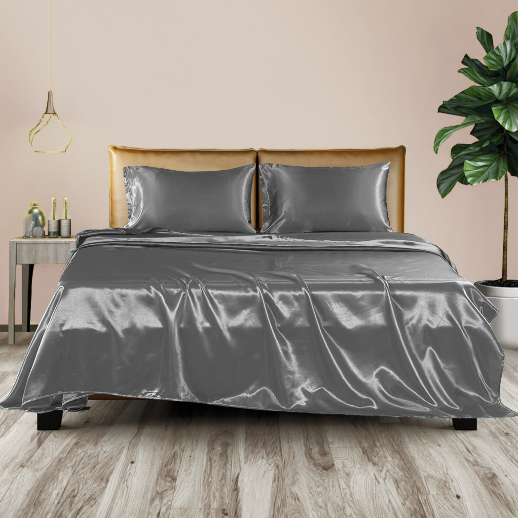 DreamZ Silky Satin Sheets Fitted Flat Queen Grey Dark Grey-1910113196128210950