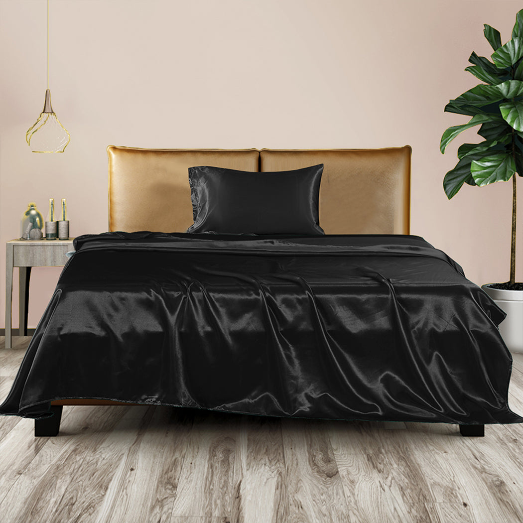 DreamZ Silky Satin Sheets Fitted Flat Single Black-1954802914715373574