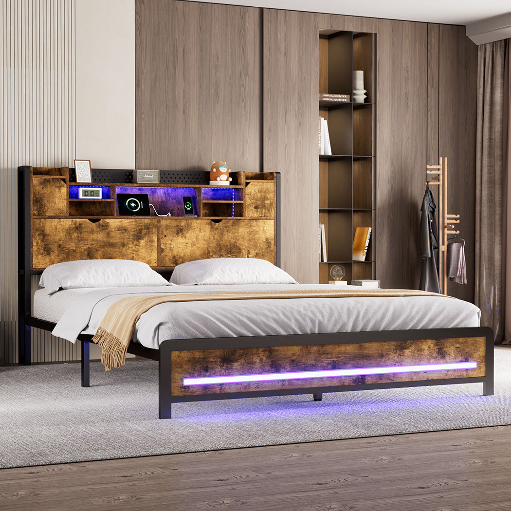 Levede Double Bed Frame Storage Headboard Industrial-1954802449265070086
