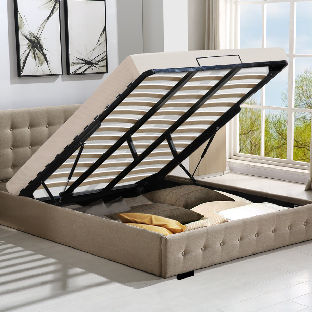 Levede Fabric Bed Frame King Tufted Beige-1954802922386755590