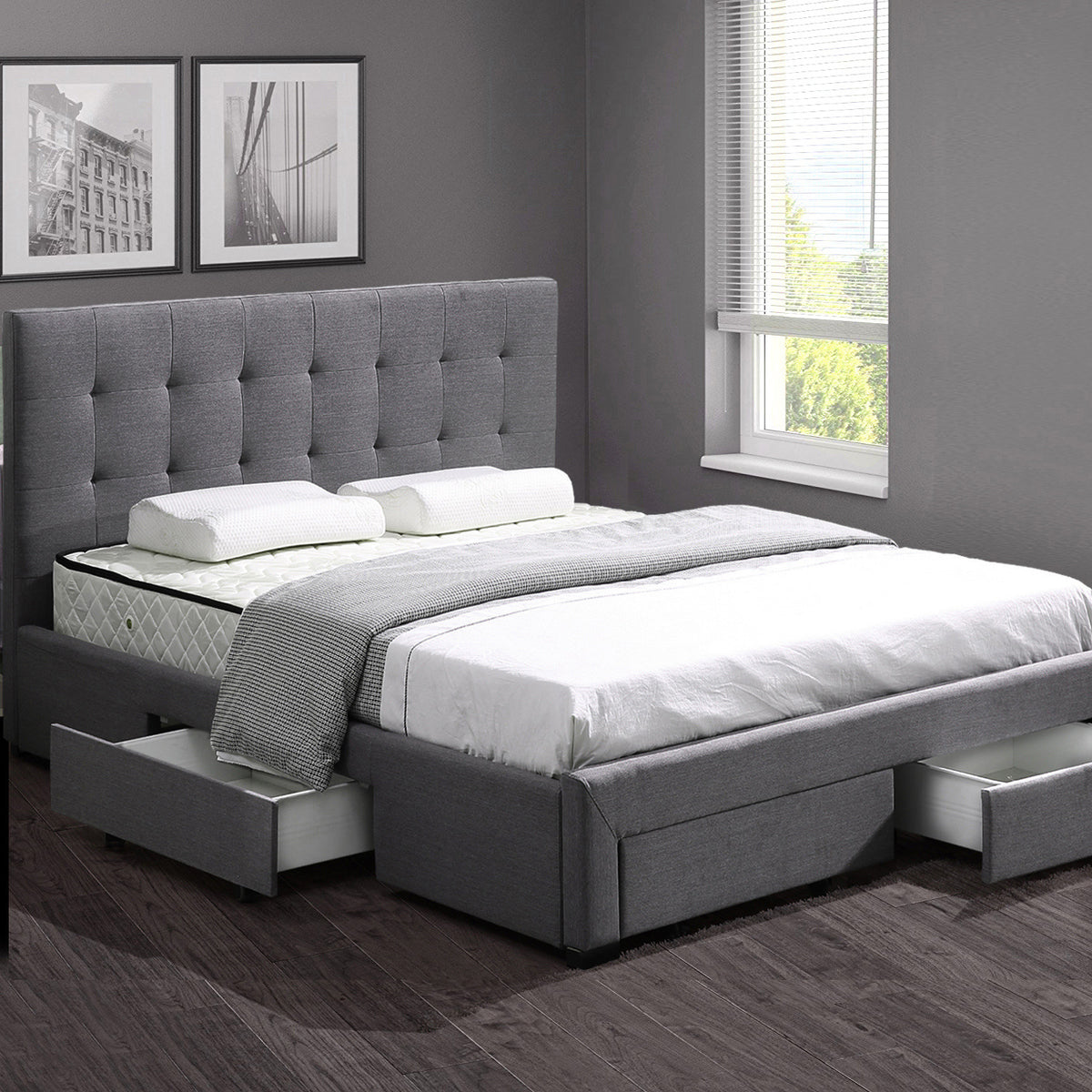 Levede Fabric Bed Frame Double Tufted Dark Grey-1910113204252577798