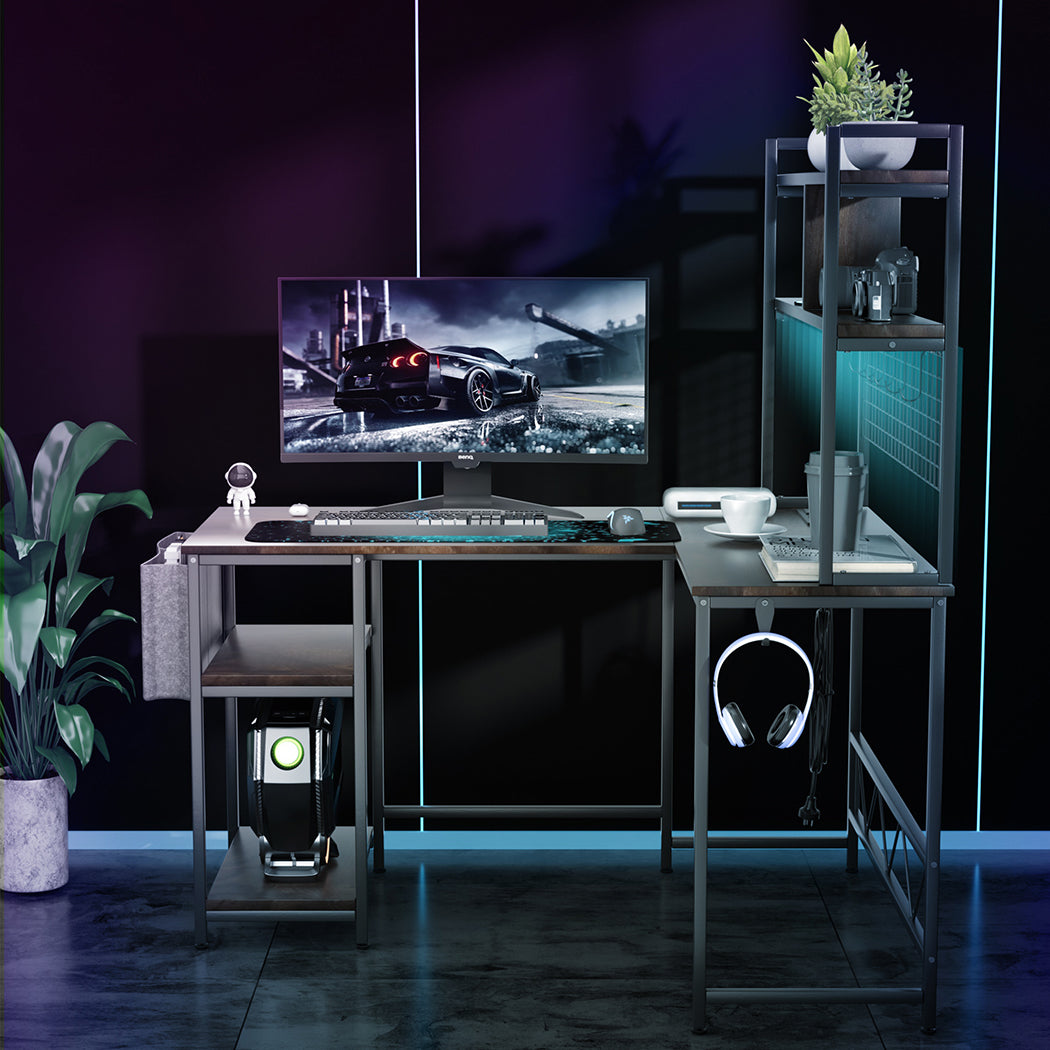 Levede L Shaped Gaming Desk with LED Lights Brown-1954802382403670022