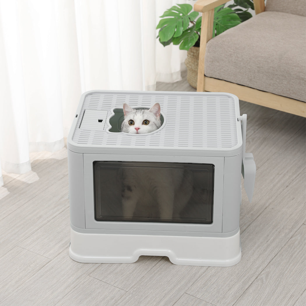 PaWz Foldable Cat Litter Box Tray Enclosed Grey-1954802553015373831