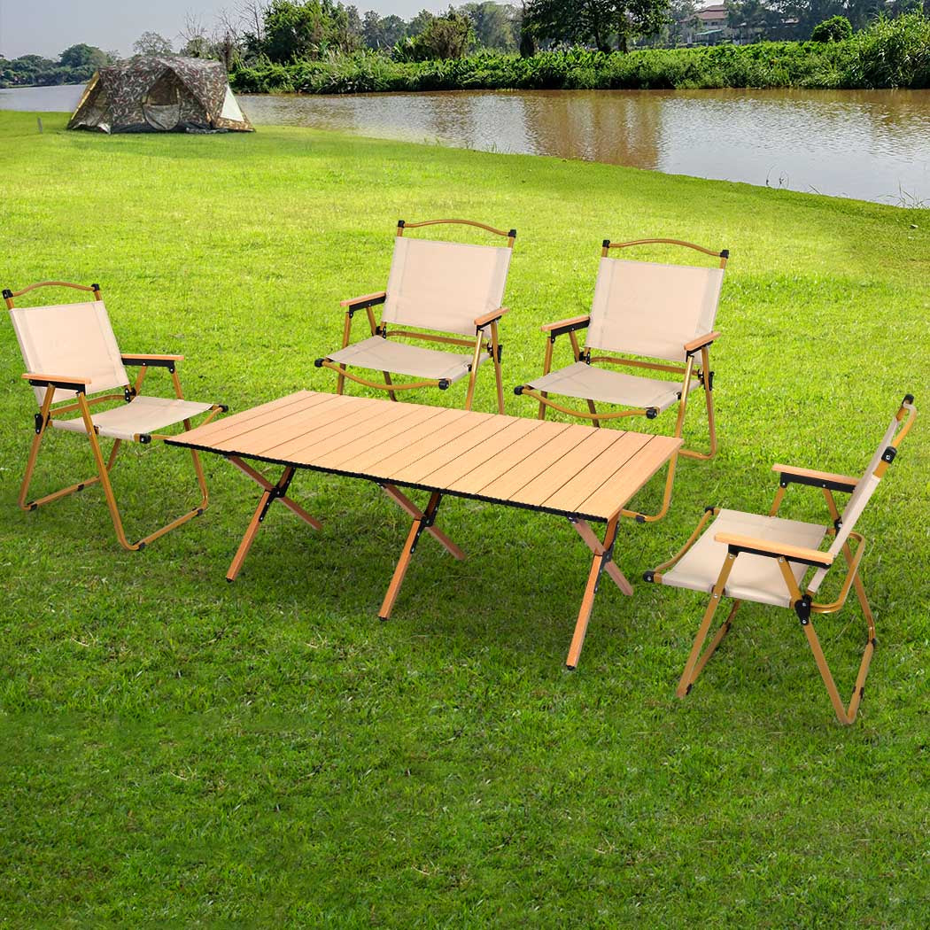 Levede Folding Camping Table Chair Set Oak-1910112919039905799