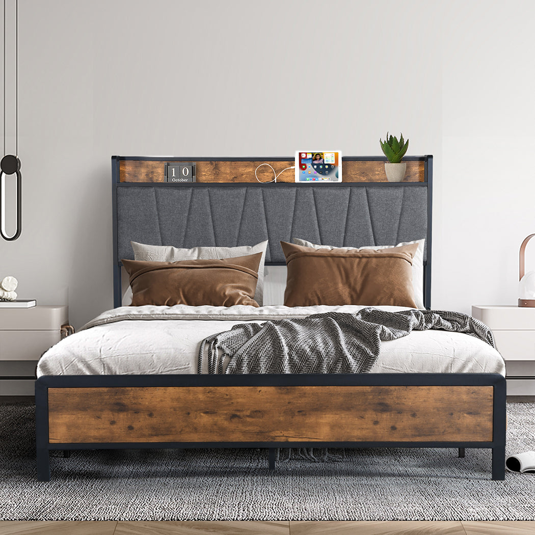 Levede Double Bed Frame Tufted Headboard USB Charge-1954802376699416583