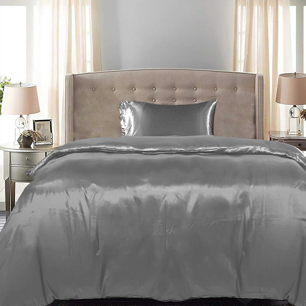 DreamZ Silky Satin Quilt Cover Set Bedspread Dark Grey King Single-1954802916015607815