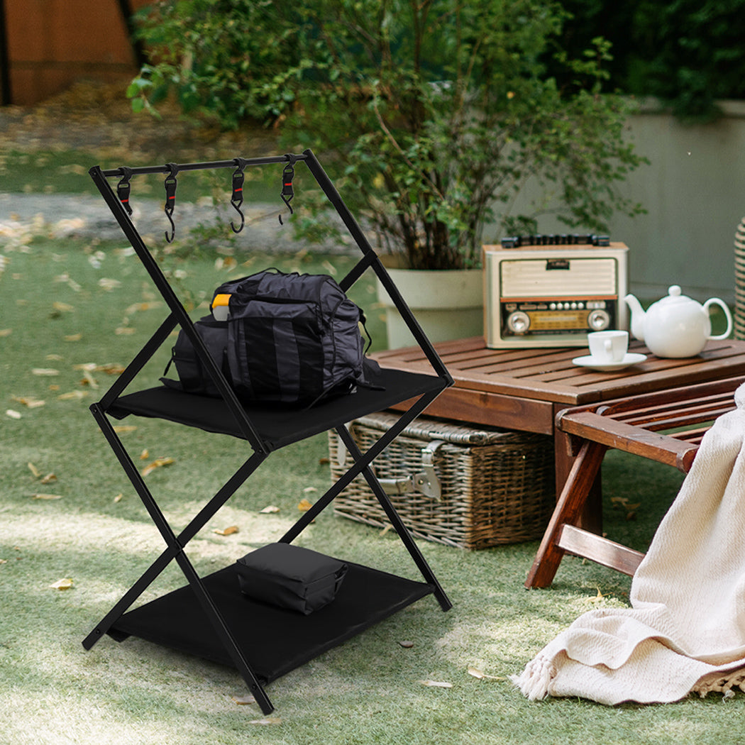 Levede Foldable Camping Storage Shelves 2 Layer with Hooks Black-1954802657151553542