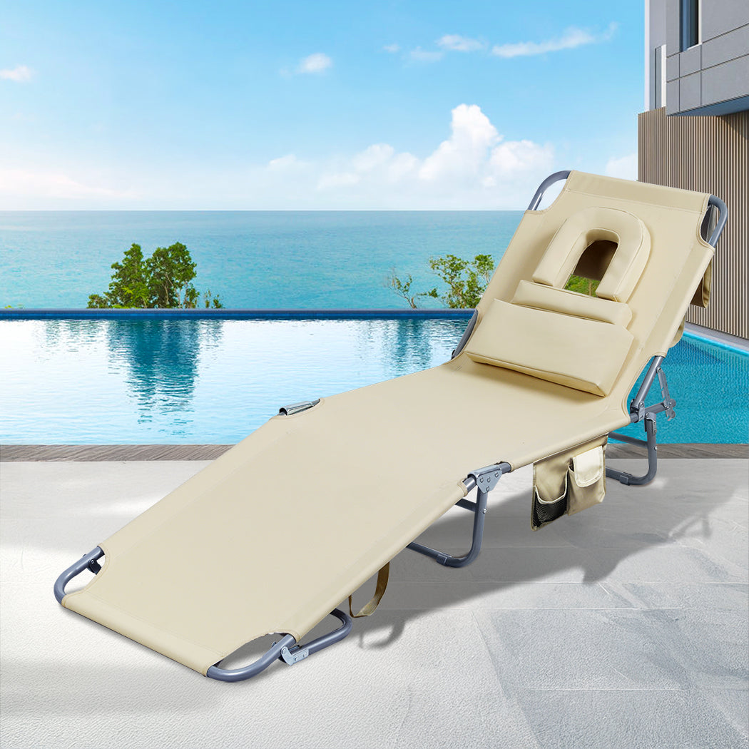 Levede Foldable Beach Lounge Chairs with Face Hole Khaki-1954802423549792263