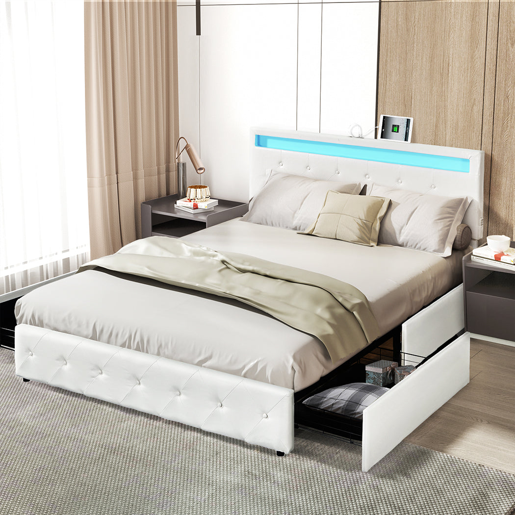 Levede Queen Bed Frame RGB LED PU 4 Drawer USB-1954802932943818759