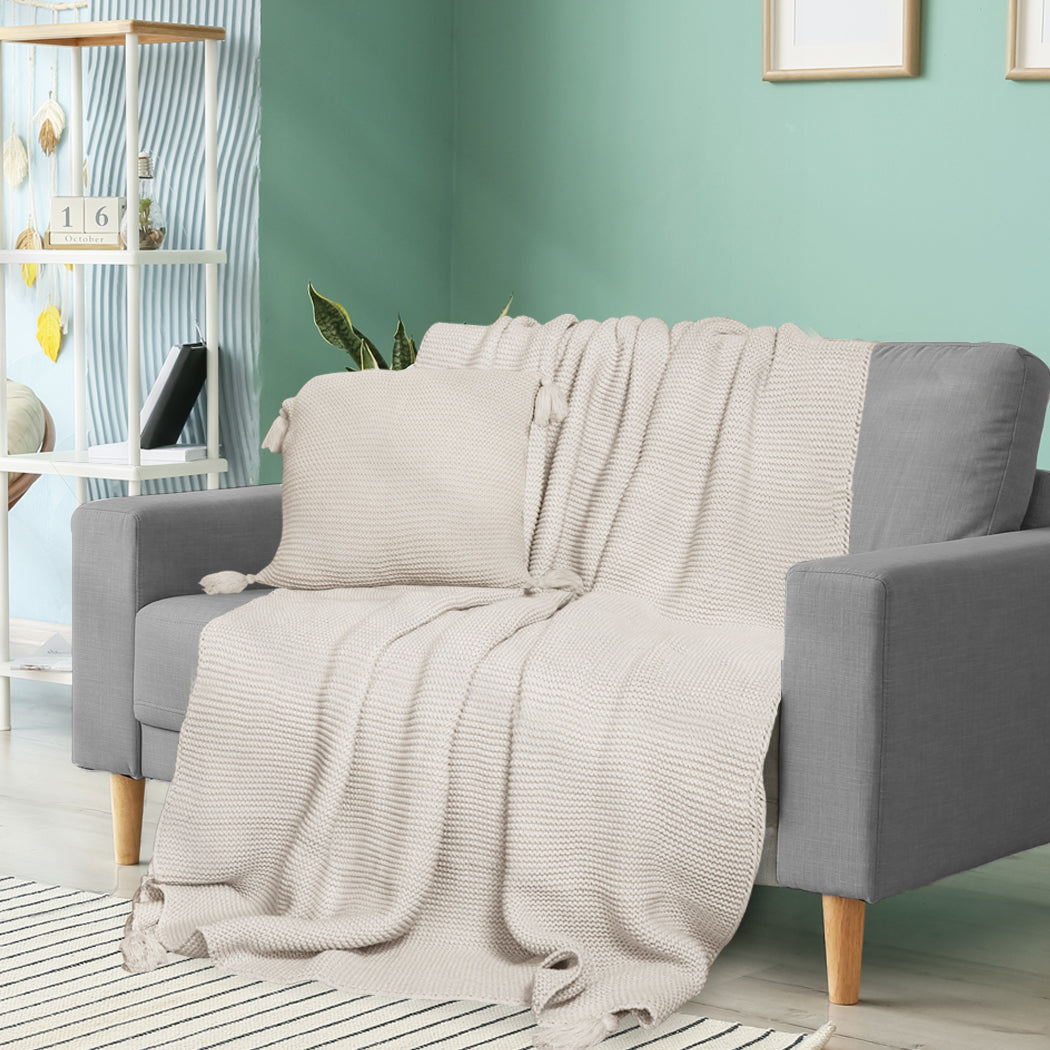 DreamZ Knitting Throw Blanket Cushion Beige-1954802941626028039