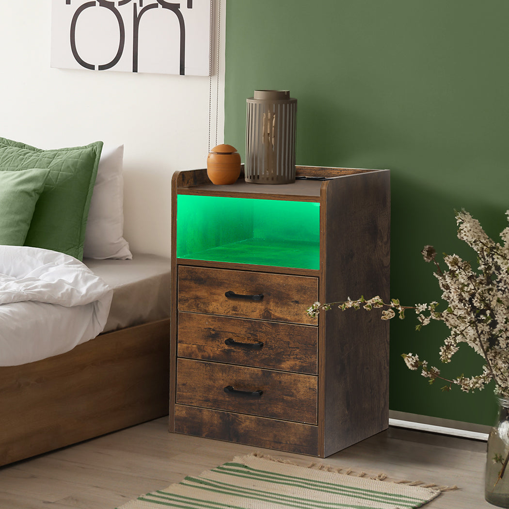 Levede Bedside Table USB Charger Outlet LED Oak-1954802384307884038