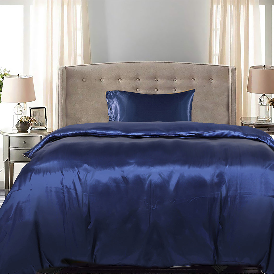 DreamZ Silky Satin Quilt Cover Set Bedspread Blue Single-1954802916497952775