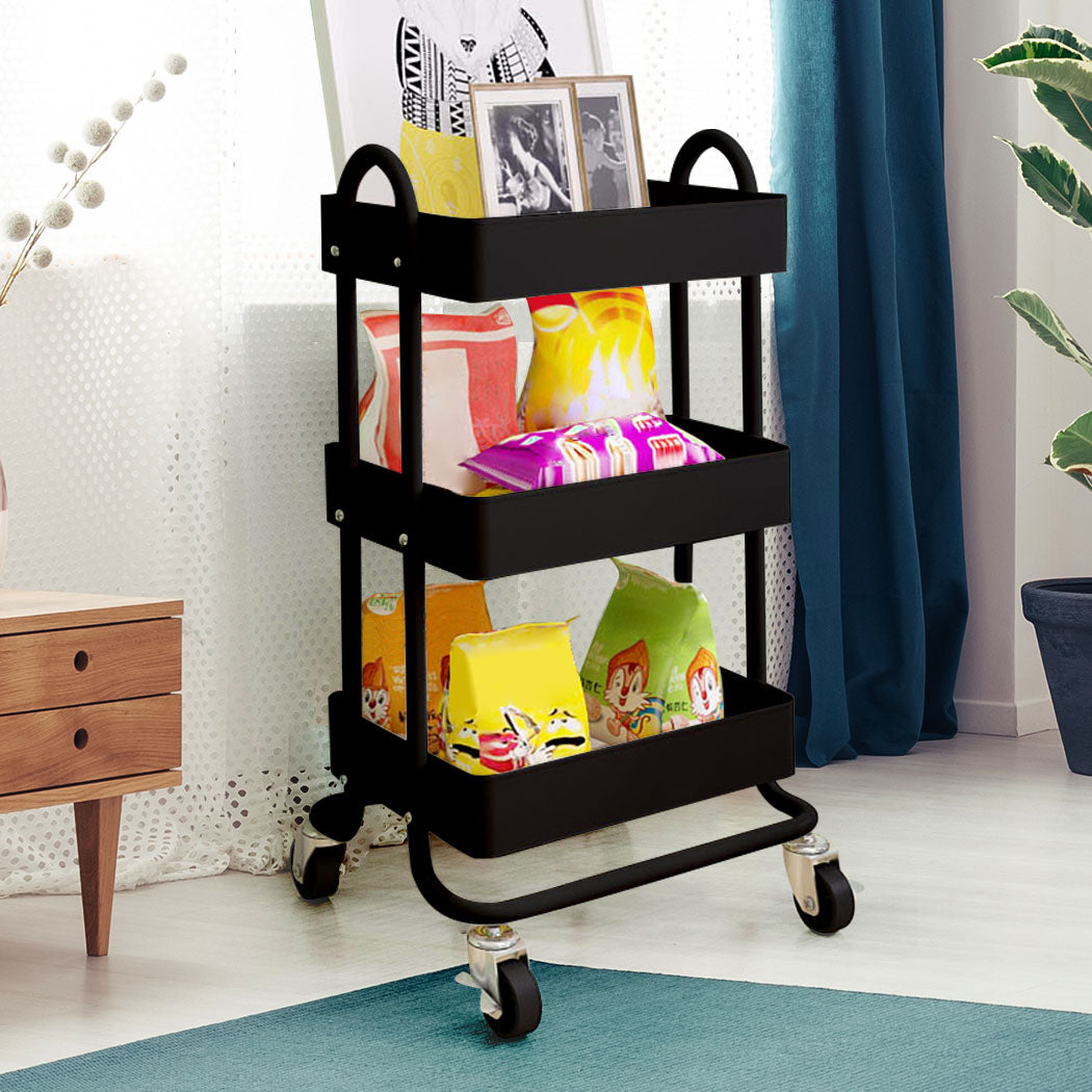 Levede 3 Tiers Kitchen Trolley Cart Black-1954802728345669638
