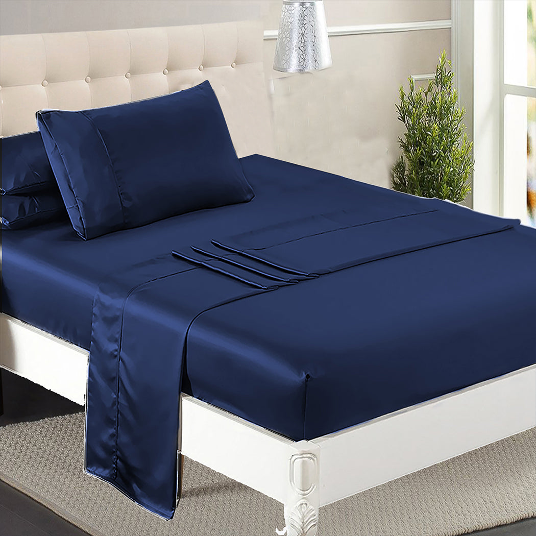 DreamZ Silky Satin Sheets Fitted Flat Single Blue-1954802914958643207