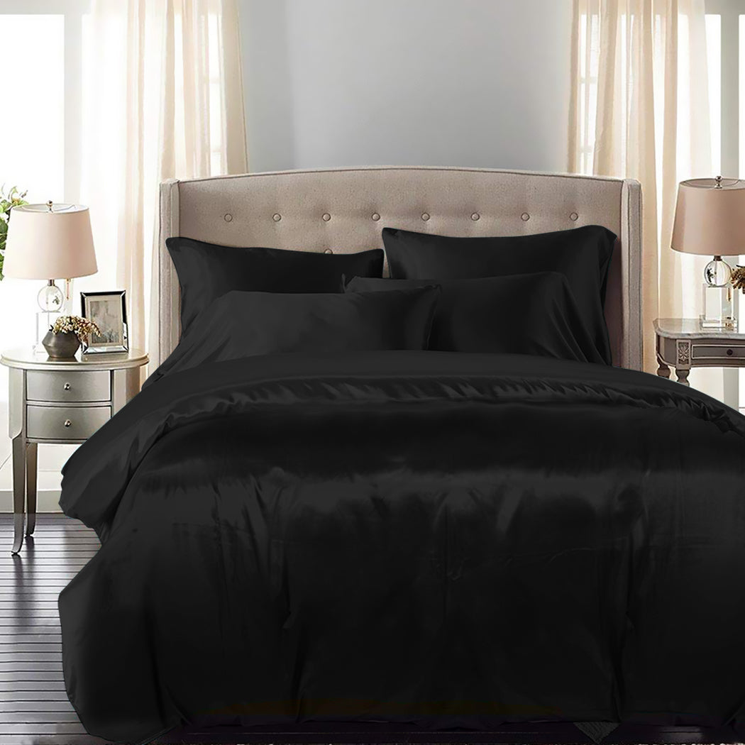 DreamZ Silky Satin Quilt Cover Set Bedspread Black Queen-1910113198250528775