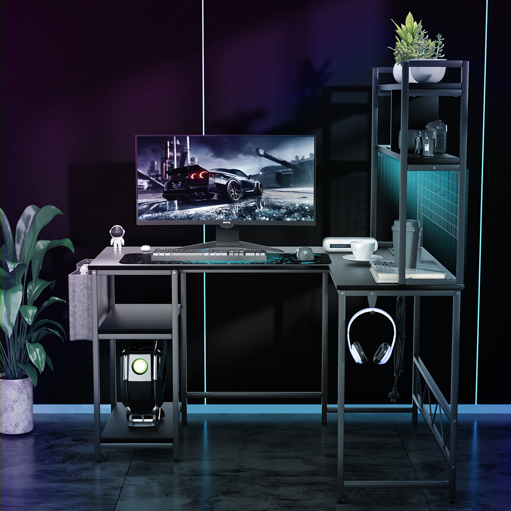 Levede L Shaped Gaming Desk with LED Lights Black-1973193573763518470