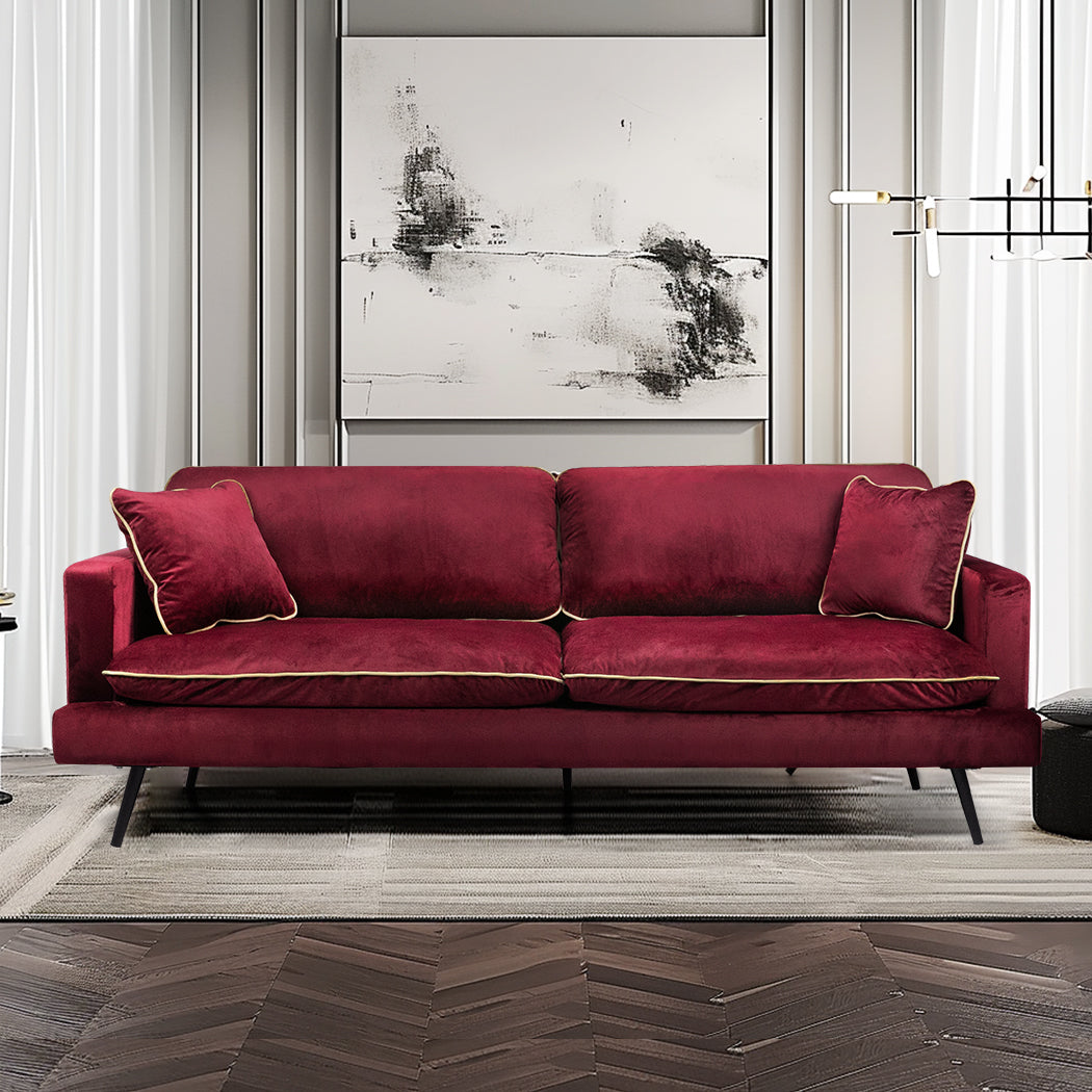 Levede Velvet Sofa Armchair 3 Seater Couch Red 210cm Wide-1919892835323219975
