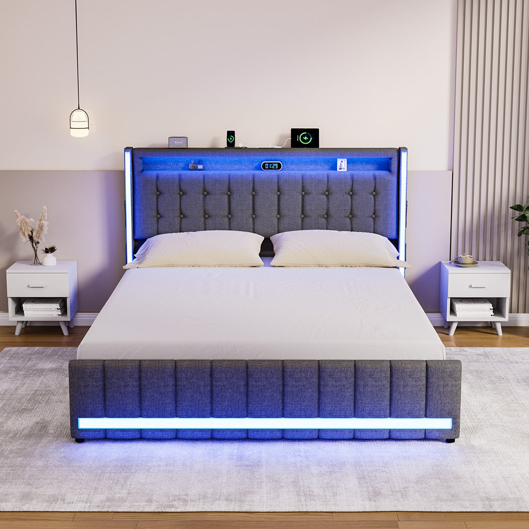 Levede King Bed Frame Fabric Storage Drawer LED USB-1973194180704473095