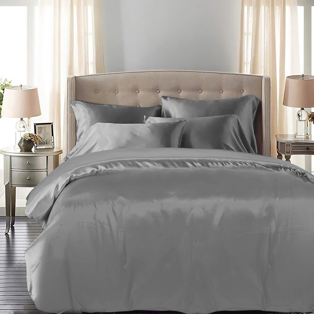 DreamZ Silky Satin Quilt Cover Set Bedspread Dark Grey Double-1910113197155815431
