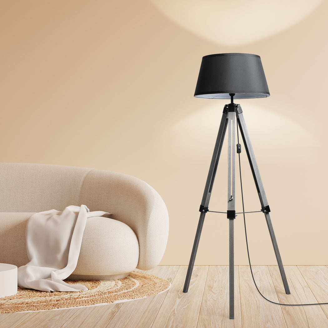 EMITTO Tripod Wooden Floor Lamp Shaded Grey-1954802835606605831