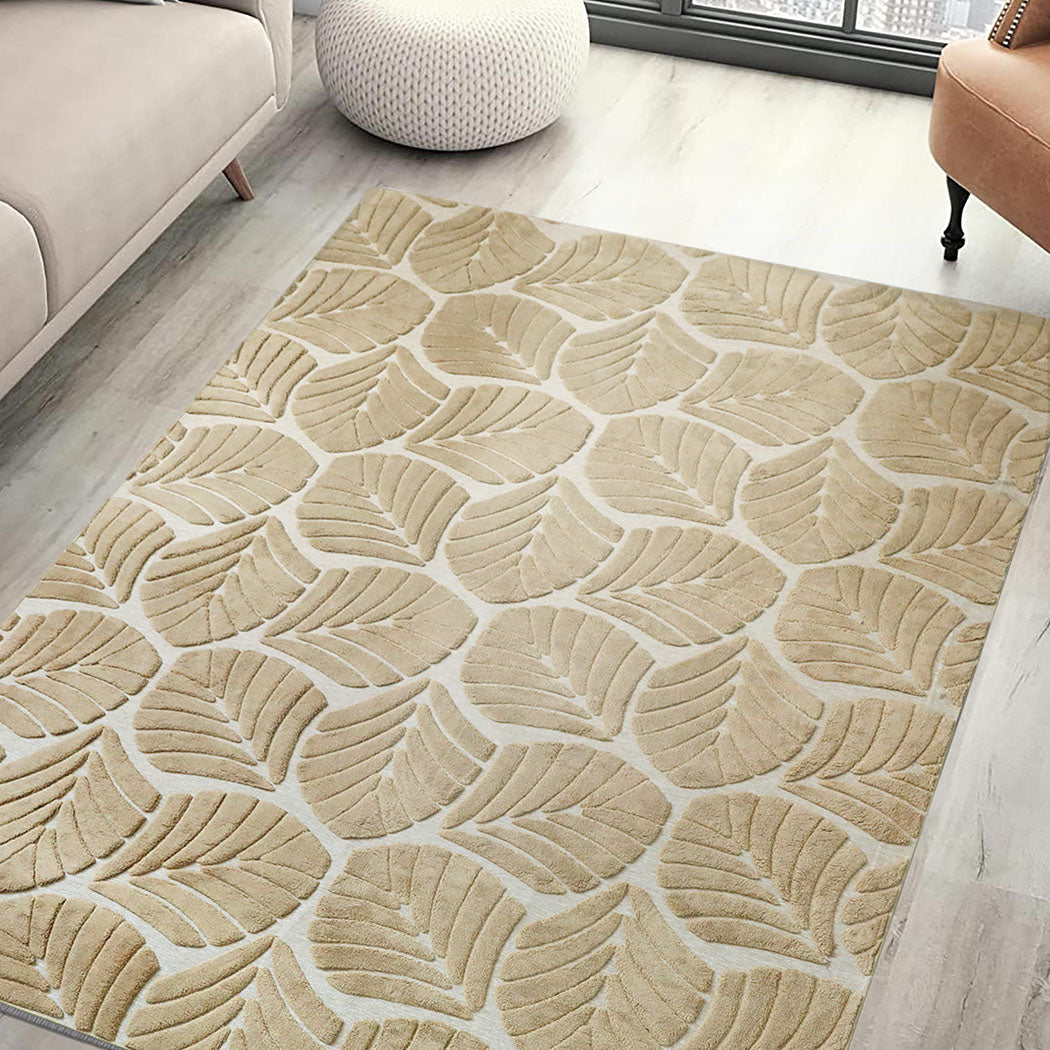 Marlow Floor Rug Soft Embossed Carpet Non Slip Plush Shaggy Rugs Leaf Pattern-1954802391215902727