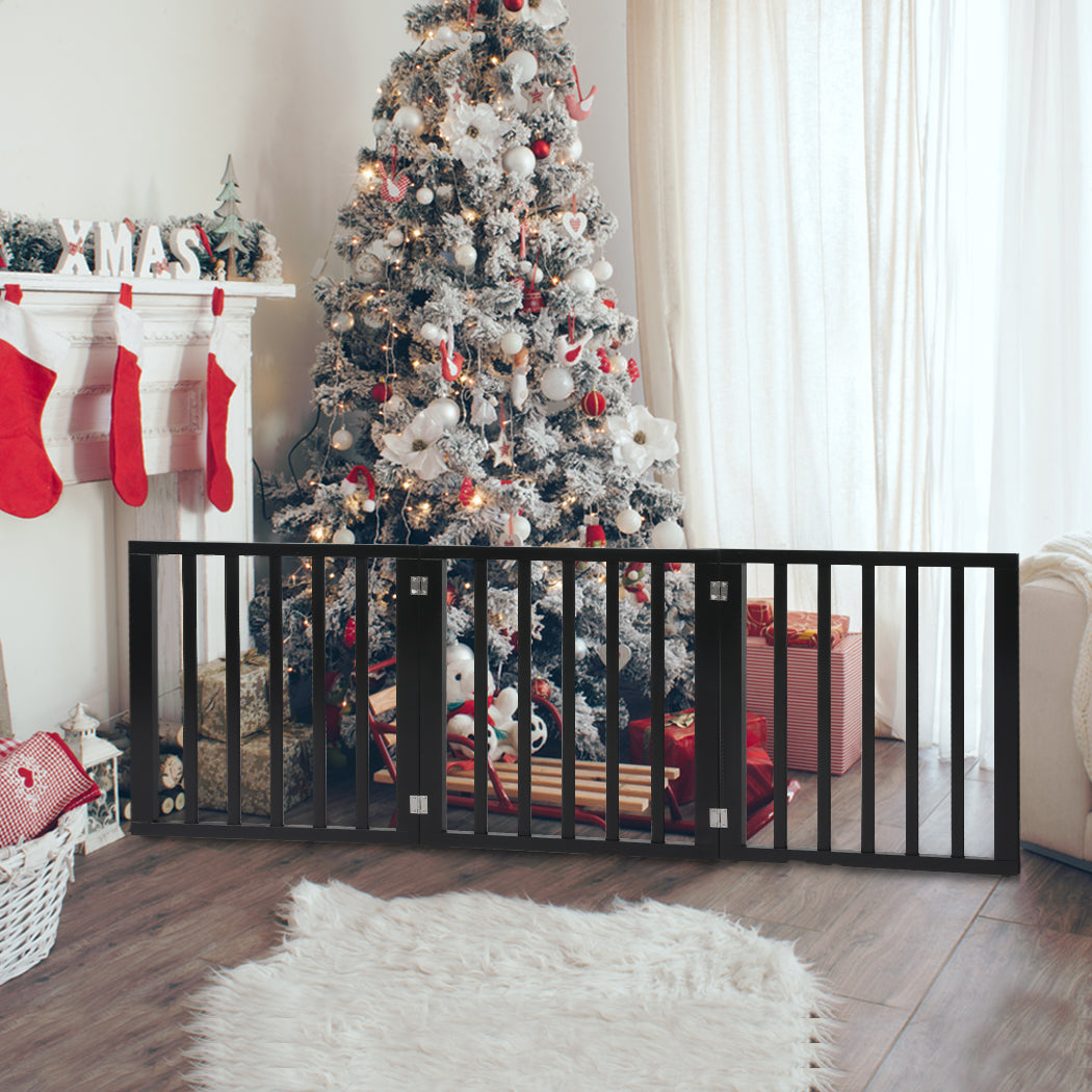 PaWz 3 Panels Wooden Pet Gate Dog Fence Black 139CM-1954802528155734023