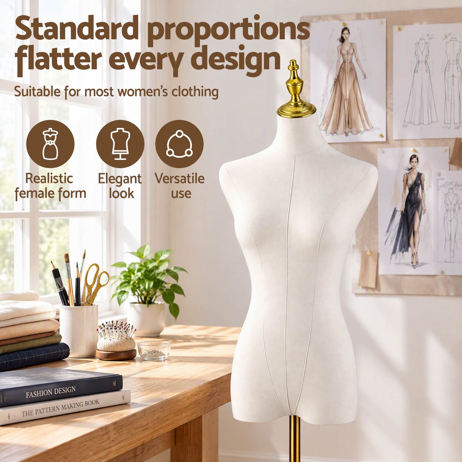 Embellir Dress Form Mannequin, Adjustable Female Torso, White Canvas Fabric, Display Stand with Detachable Gold Metal Bracket & Base