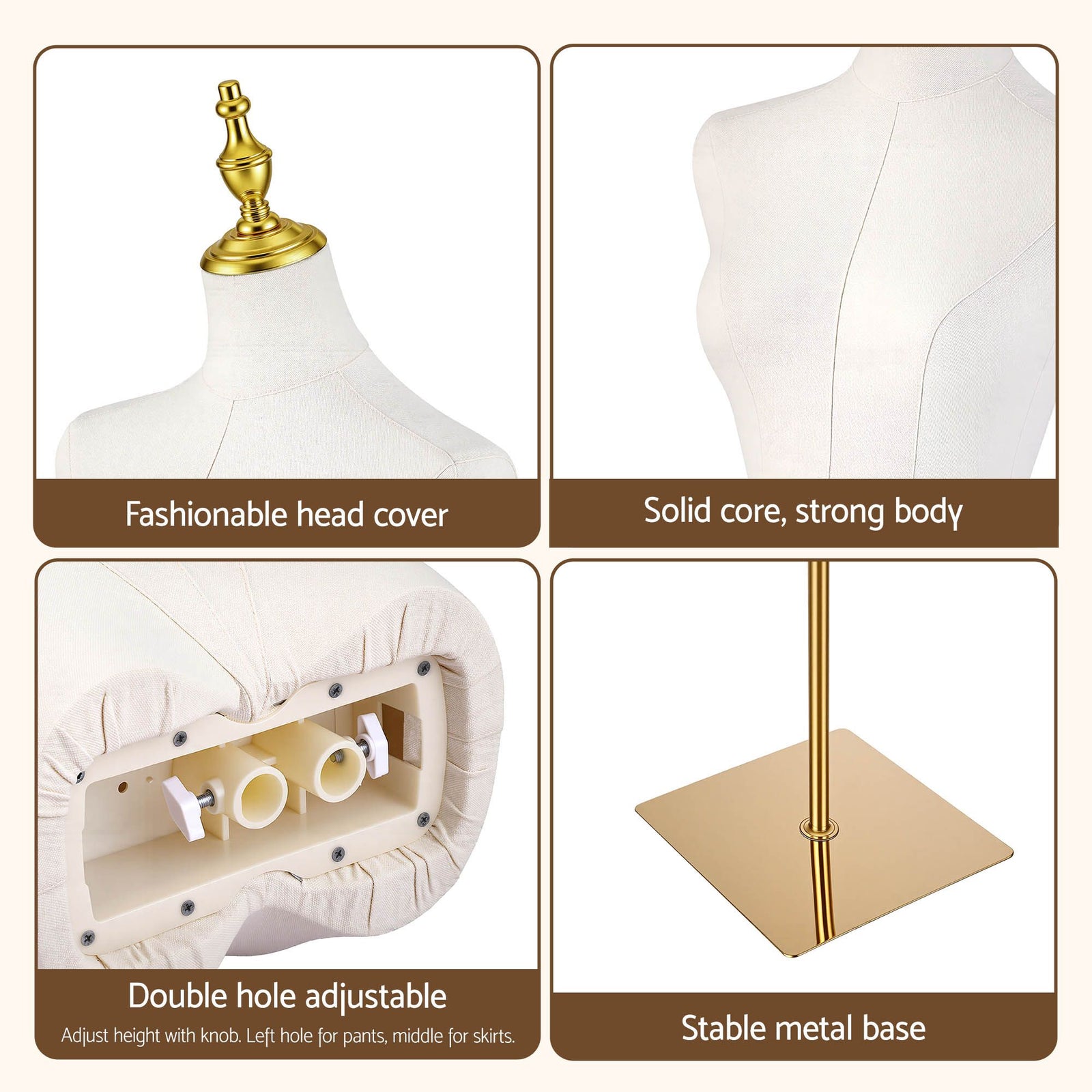 Embellir Dress Form Mannequin, Adjustable Female Torso, White Canvas Fabric, Display Stand with Detachable Gold Metal Bracket & Base