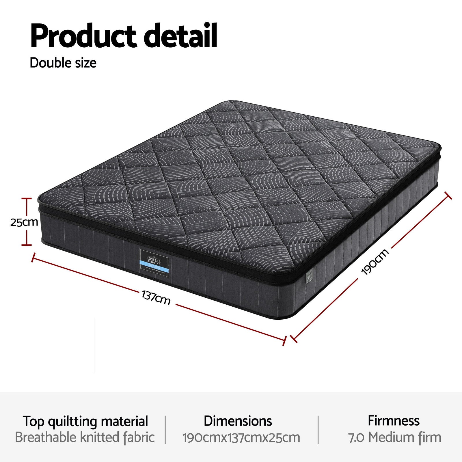 Giselle Bedding Double Mattress 25cm Pocket Spring Latex Euro Top Medium Firm Bed