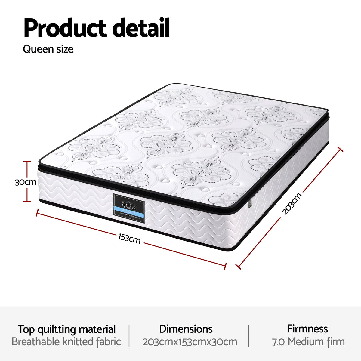 Giselle Bedding 30cm Mattress Pocket Spring Medium Firm Foam Euro Top Queen