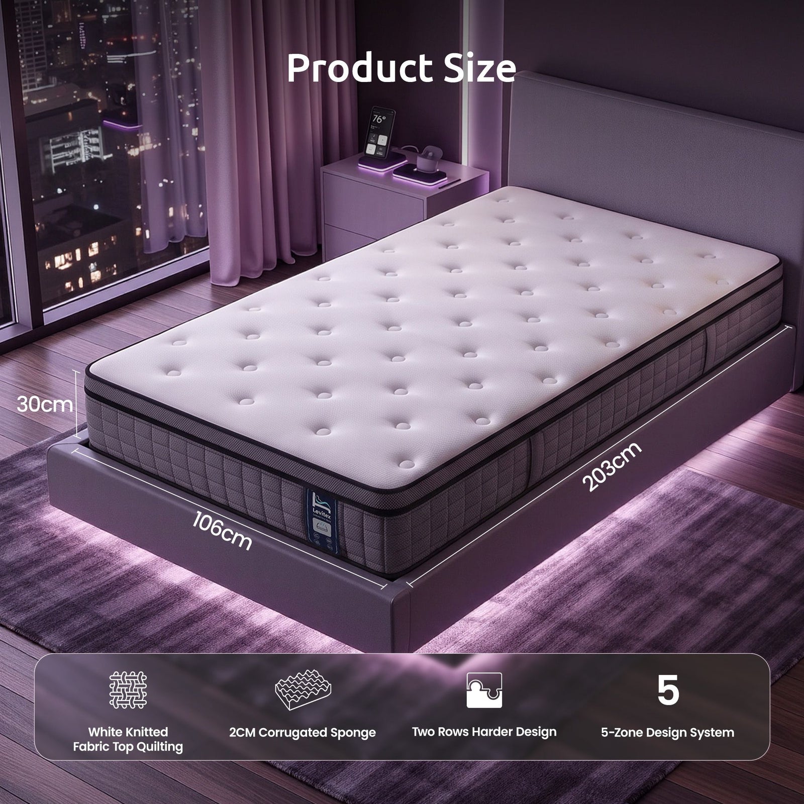 Levitex King Single Mattress 2 Rows Edge Support for Deep Sleep 5-Zone Ergonomic Pocket Spring Breathable Corrugated Sponge Medium Firm 30CM