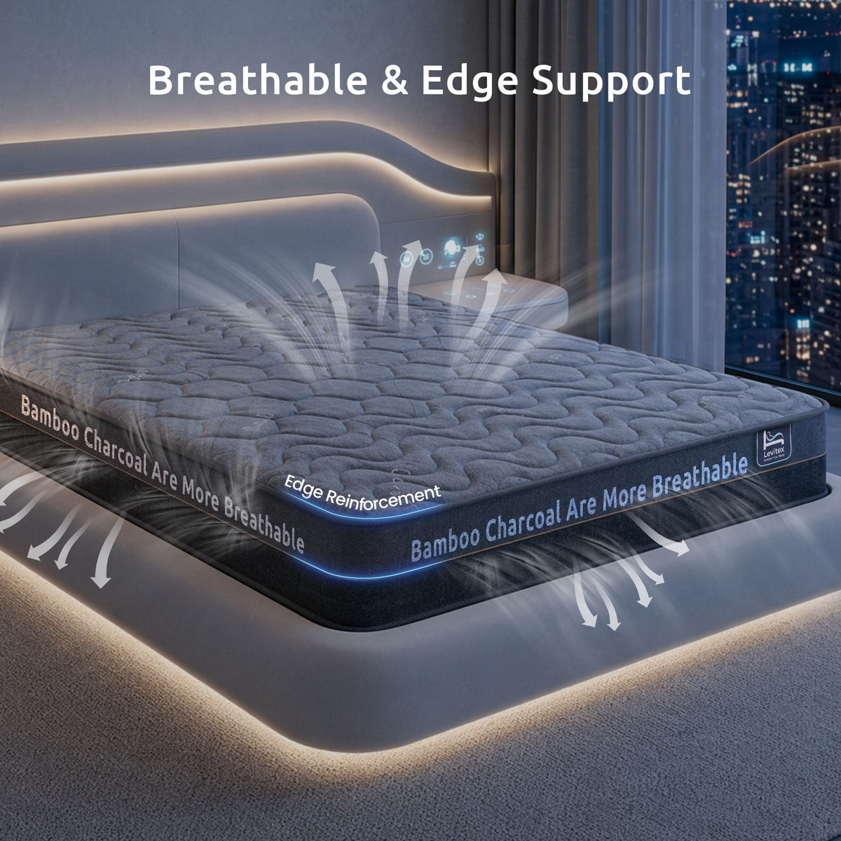 Levitex 25 cm Hybrid Pocket Spring Mattress Firm with 4cm Egg Crate Foam for Deep Sleep Bamboo Charcoal Fabric Queen