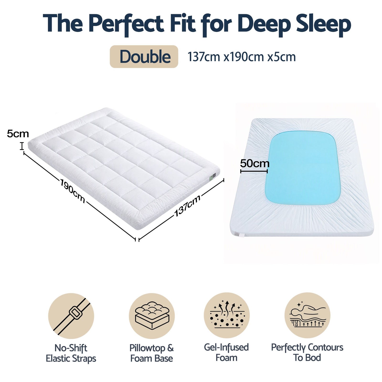 Giselle 5cm Double Memory Foam Mattress Topper Pillow Top with Gel Foam