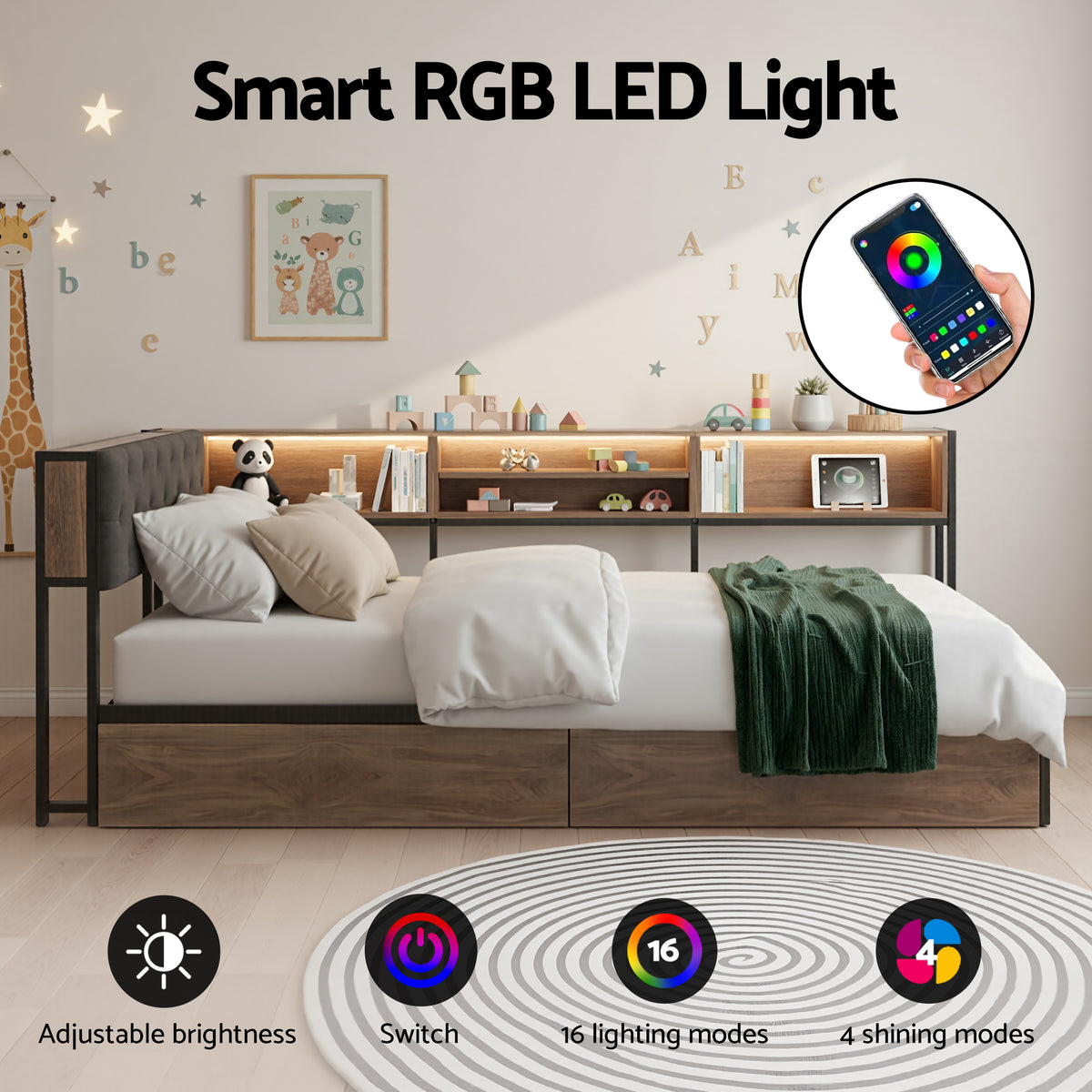 Artiss Bed Frame King Single Size with 2 Drawers and Charging Station Metal Corner Bed Base