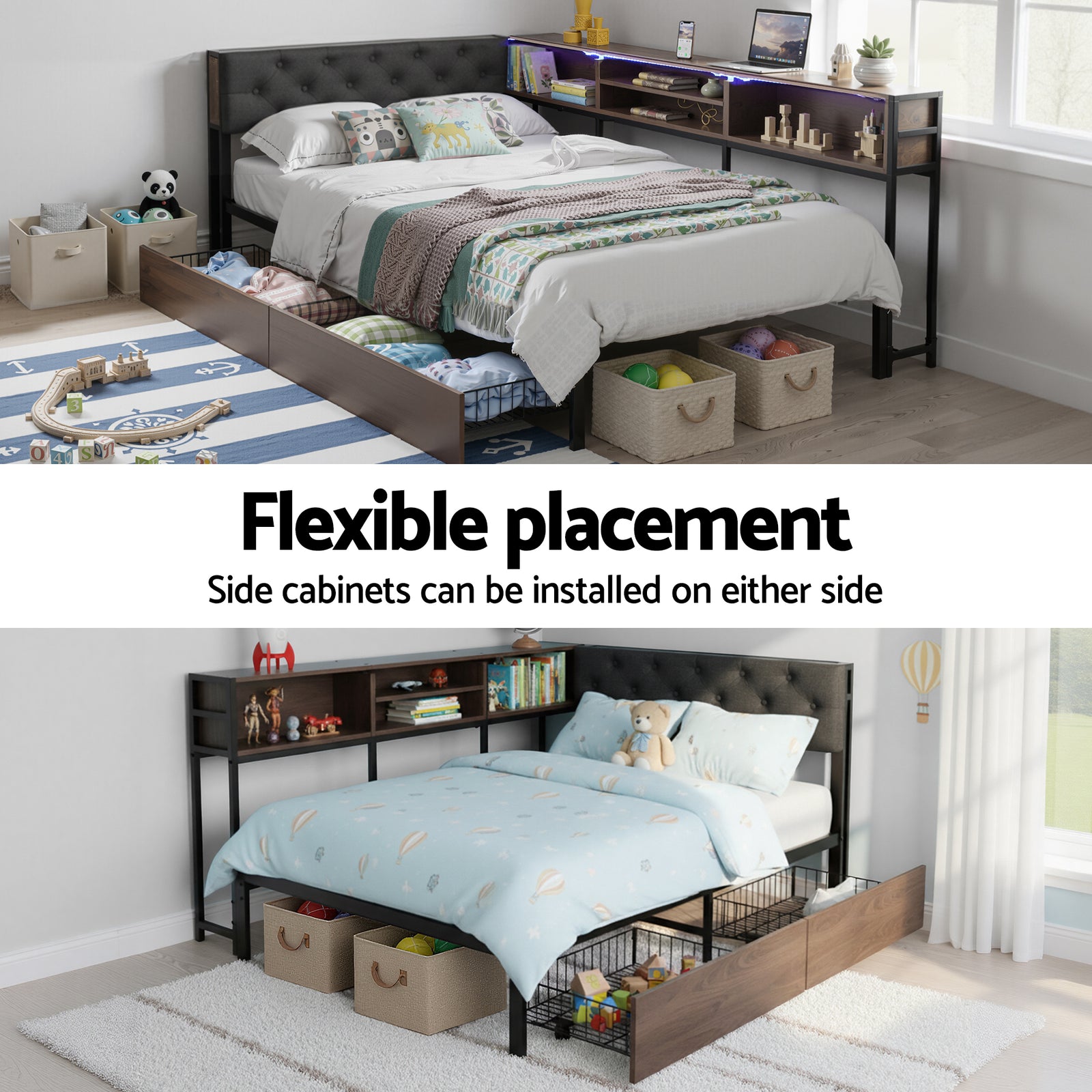 Artiss Bed Frame King Single Size with 2 Drawers and Charging Station Metal Corner Bed Base