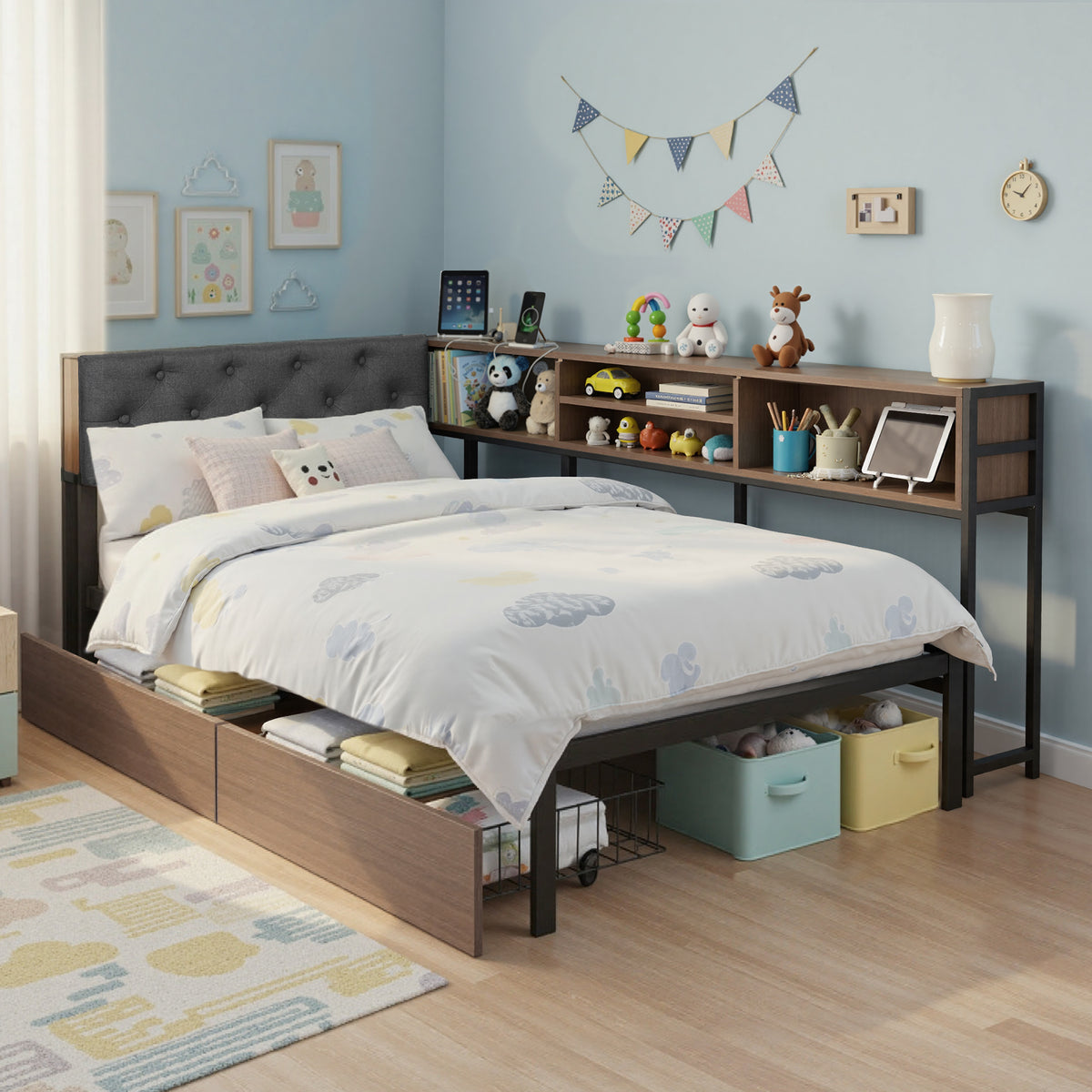 Artiss Bed Frame Single Size with 2 Drawers and Charging Station Metal Corner Bed Base