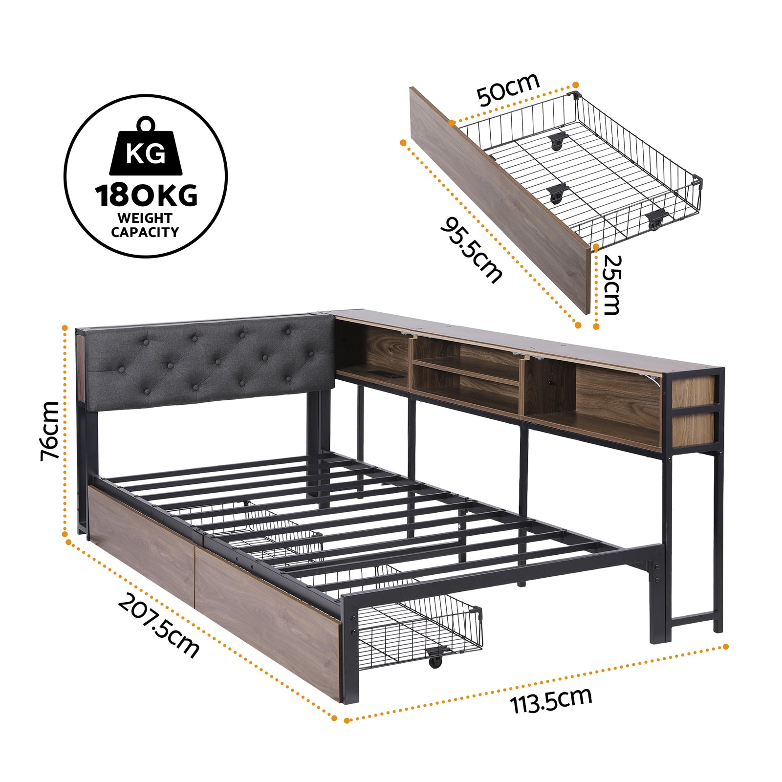 Artiss Bed Frame Single Size with 2 Drawers and Charging Station Metal Corner Bed Base