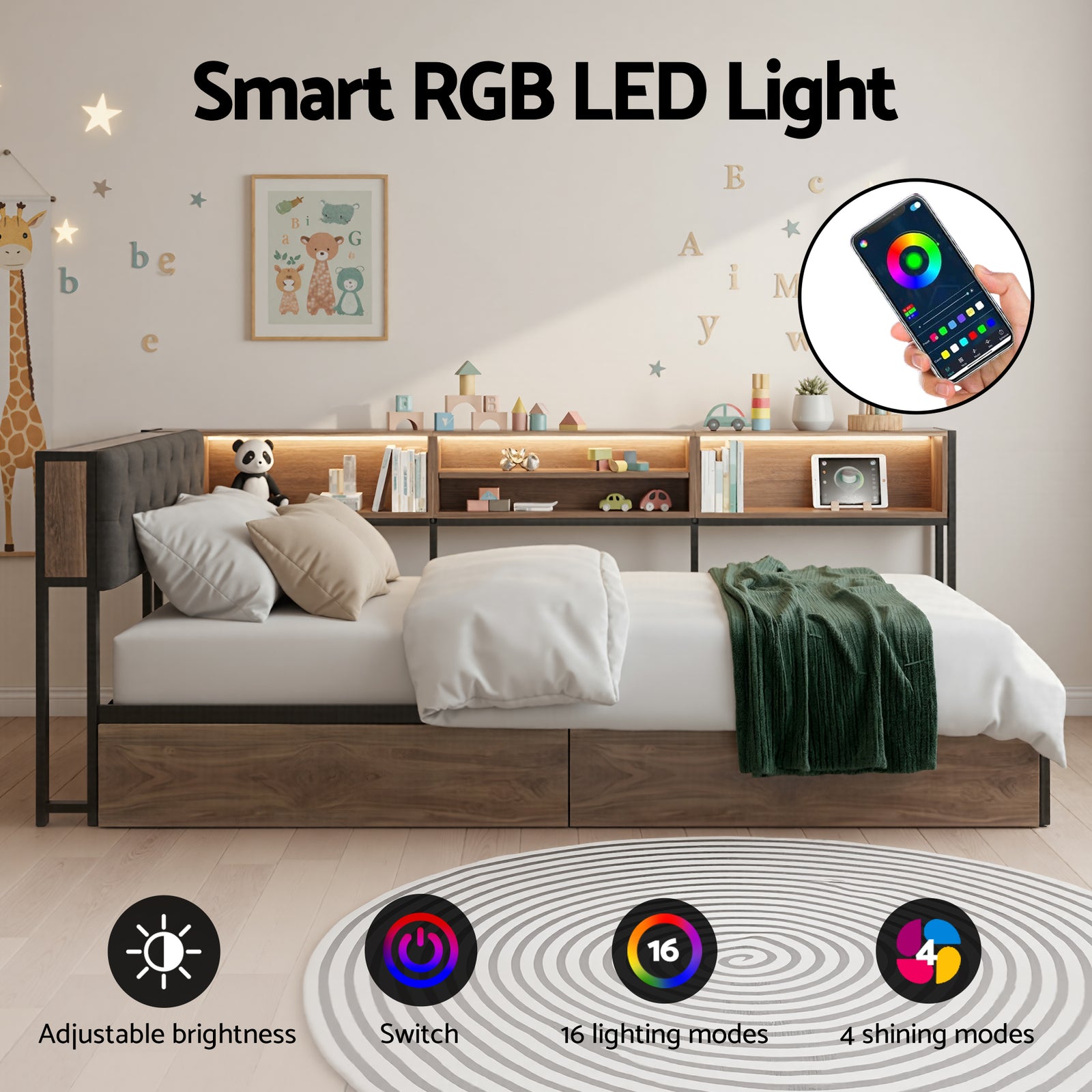 Artiss Bed Frame Single Size with 2 Drawers and Charging Station Metal Corner Bed Base