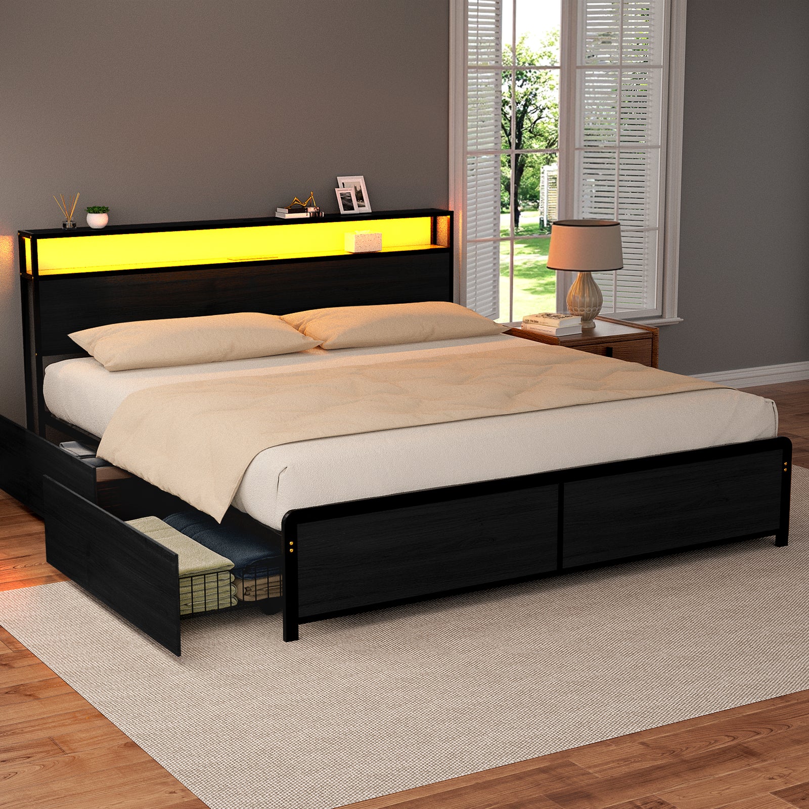 Artiss Metal Bed Frame King Size Storage Headboard Charge Station LED 4 Drawers