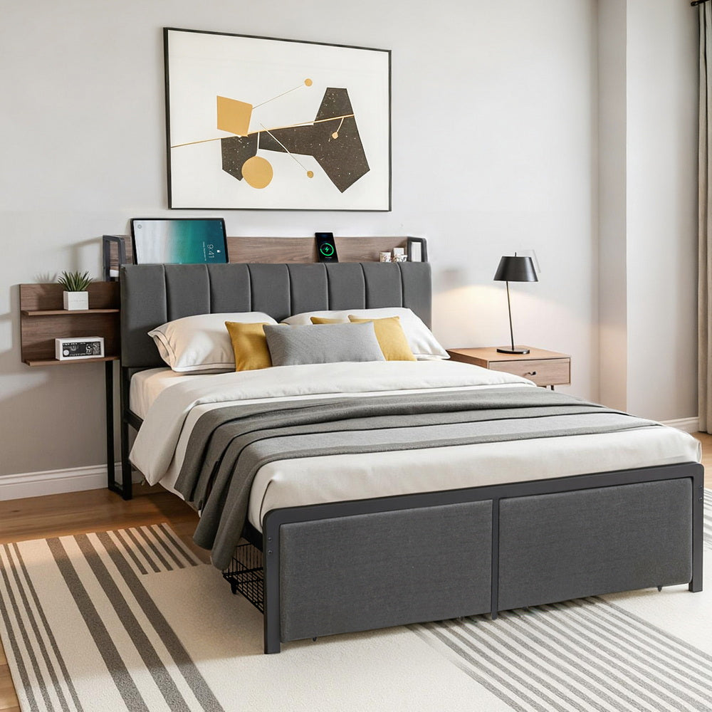Artiss Metal Bed Frame Double Size with 2-Tier Hidden Storage with Charging Station