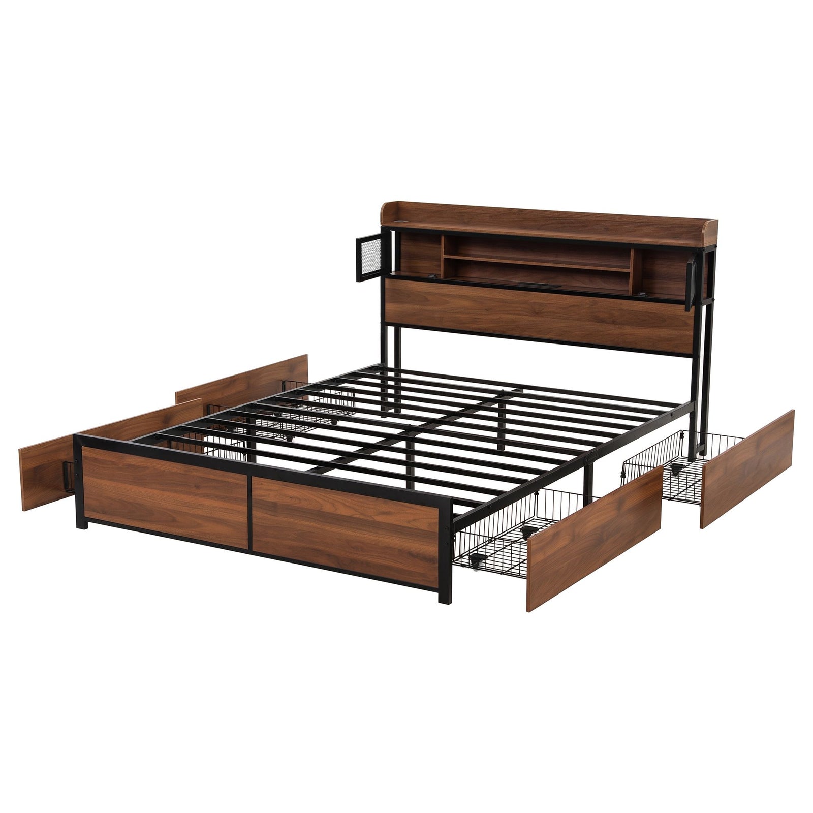 Artiss Queen Bed Frame with Charging Station 4 Drawers Storage Oak