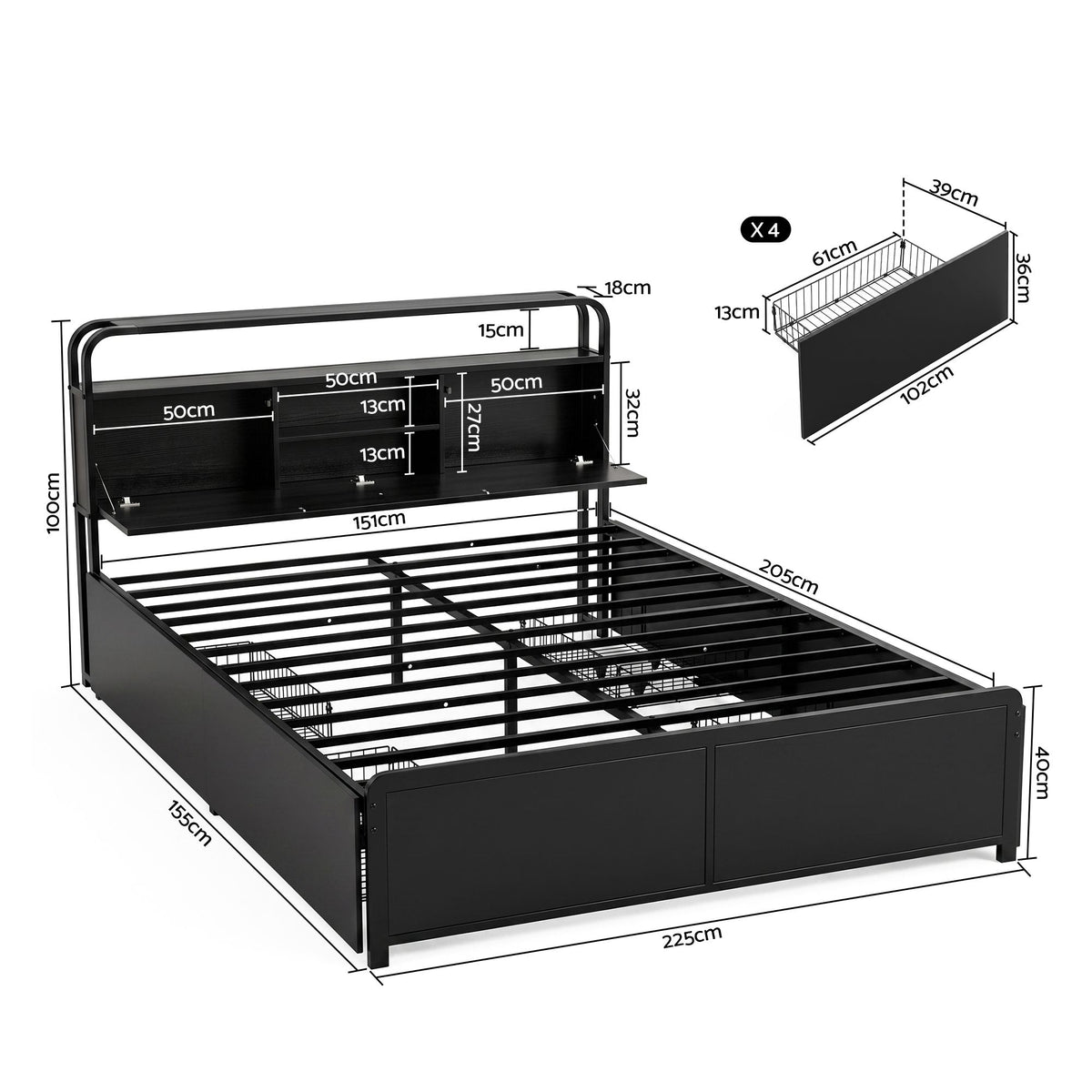 Artiss Queen Metal Bed Frame 4 Drawers Hidden Storage Headboard HEDY