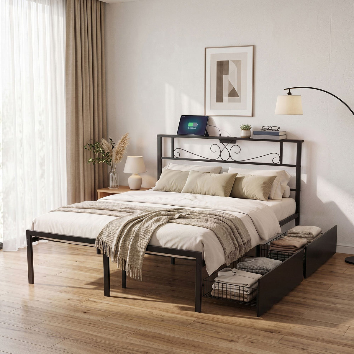 Artiss Double Bed Frame with Charging Station &amp; Storage Drawers Metal