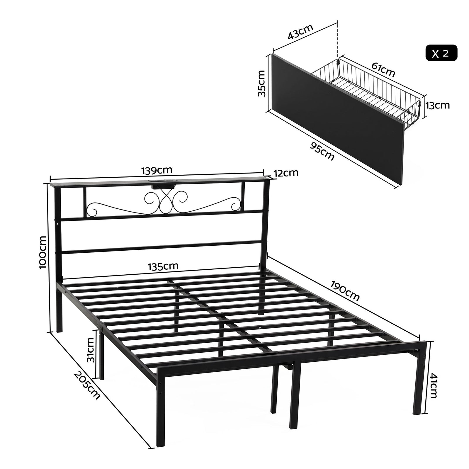 Artiss Double Bed Frame with Charging Station & Storage Drawers Metal