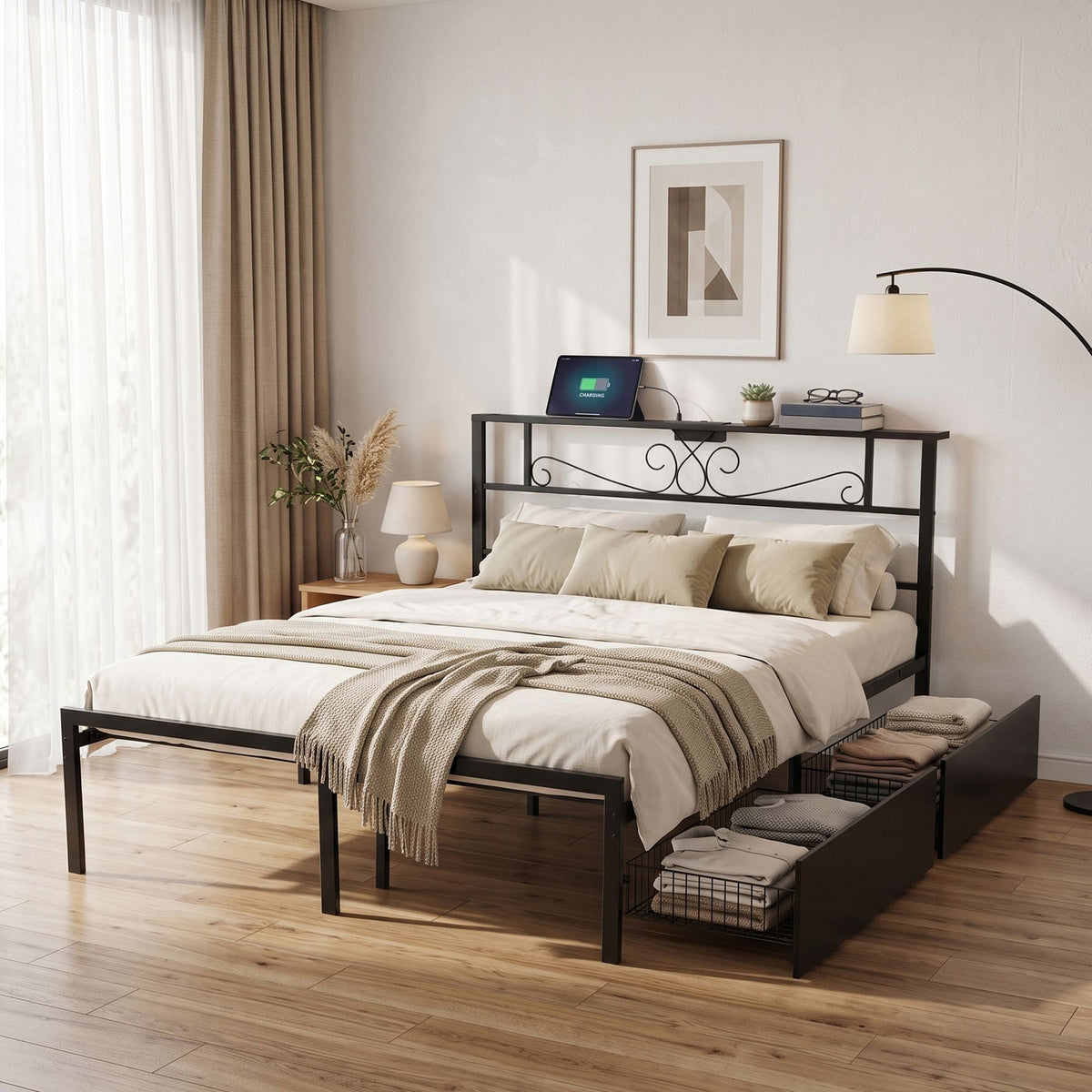 Artiss Queen Bed Frame with Charging Station &amp; Storage Drawers Metal