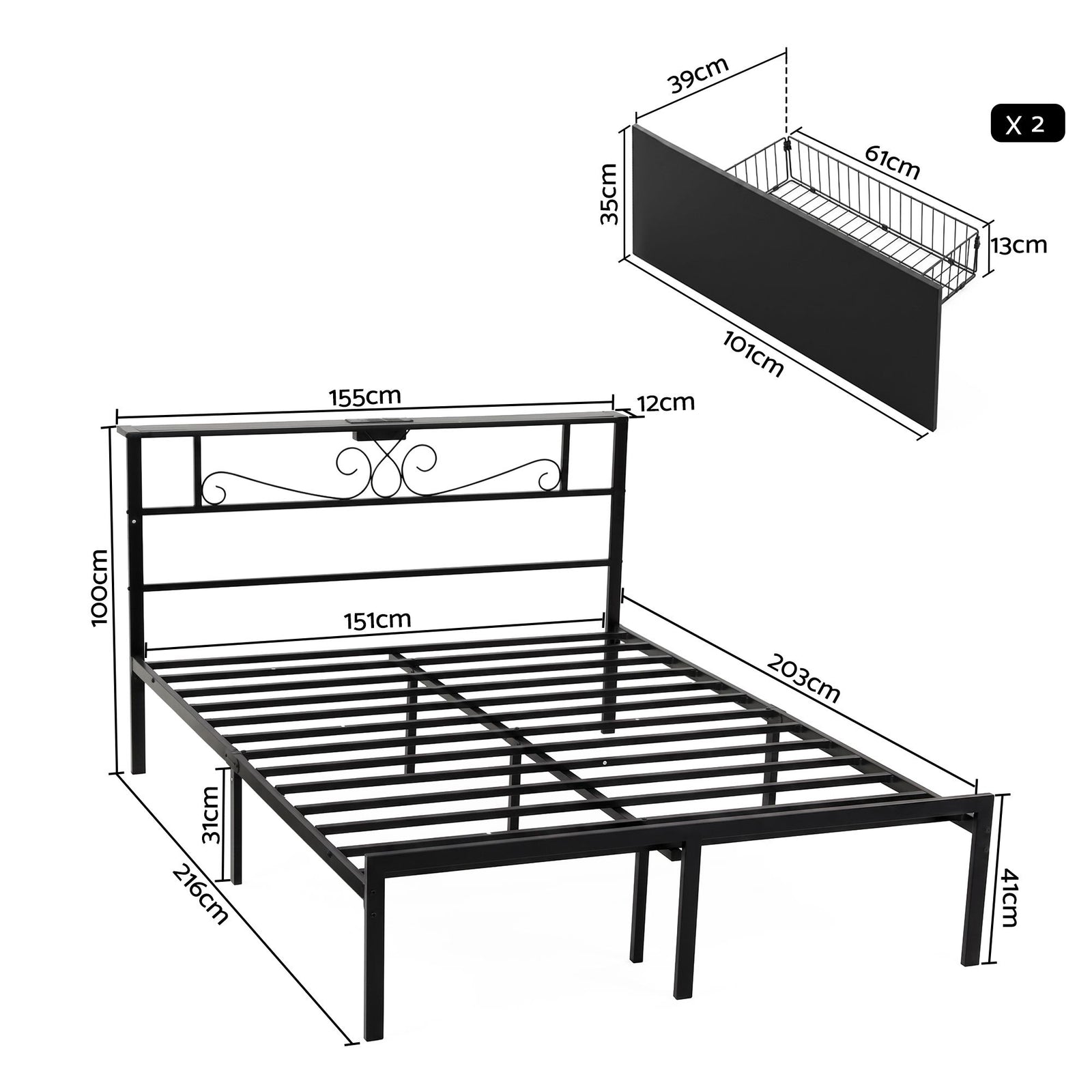 Artiss Queen Bed Frame with Charging Station & Storage Drawers Metal