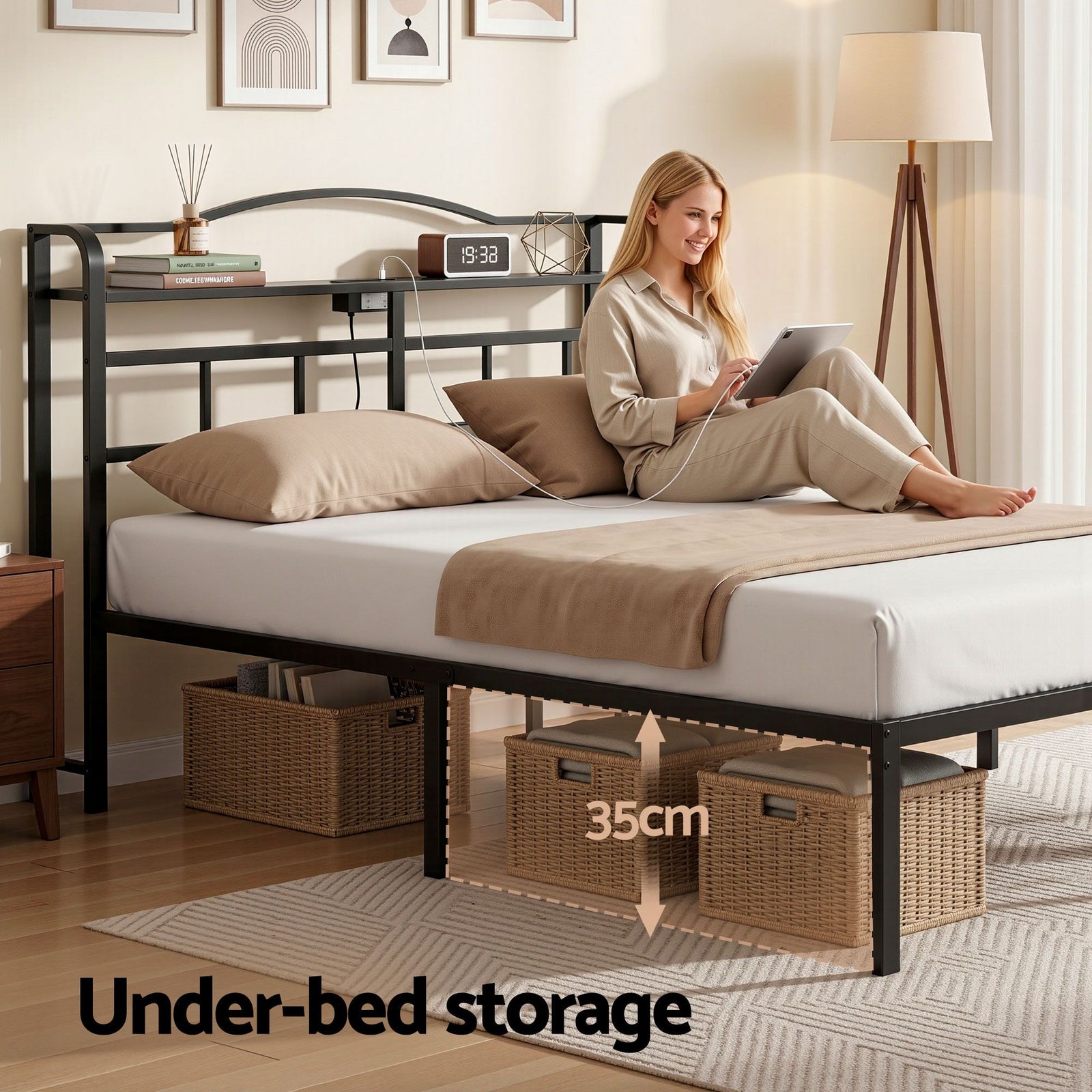 Artiss Bed Frame Double Size with Charging Station WAVE