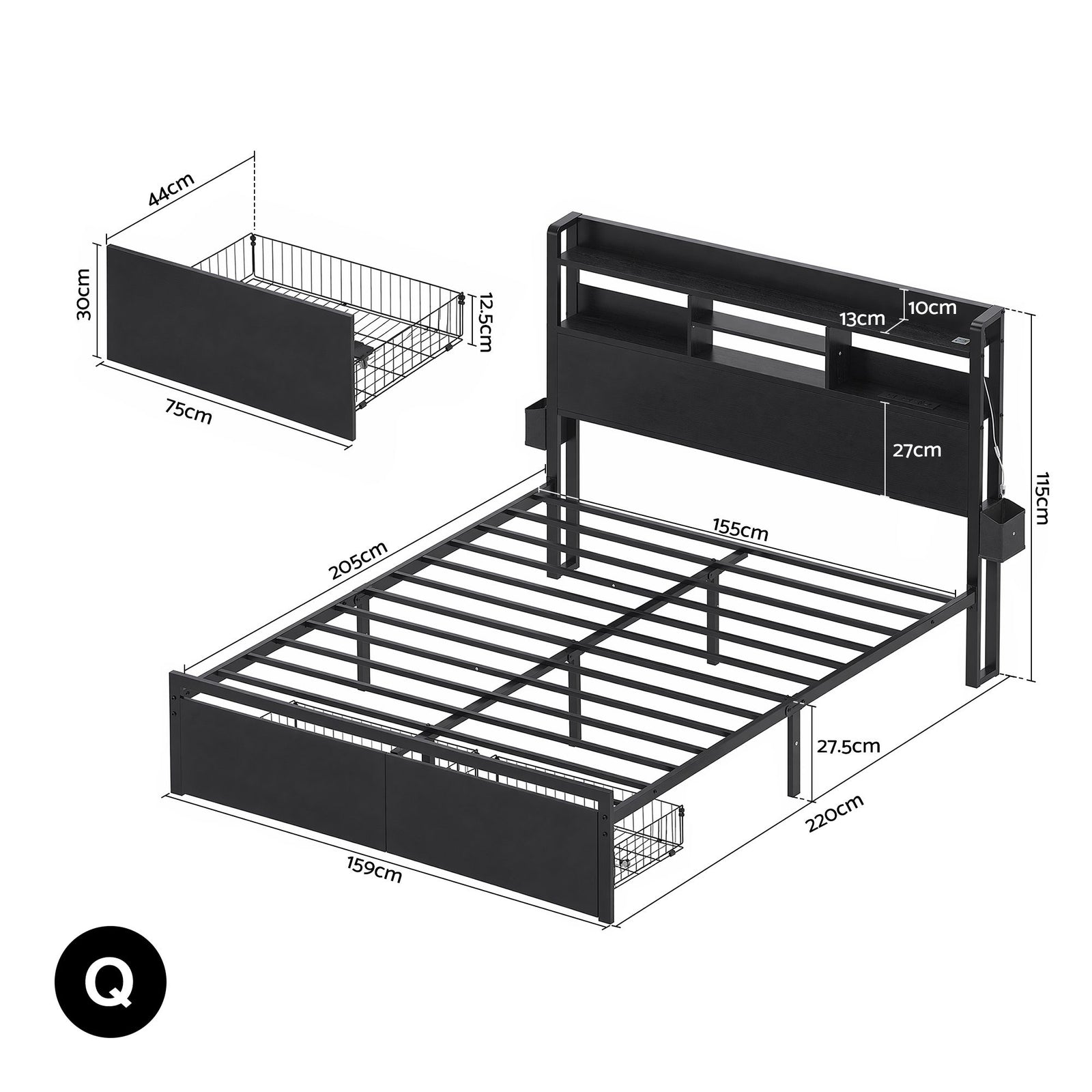 Artiss Bed Frame Queen with Charging Station Storage Organizer Drawers LED ZAC