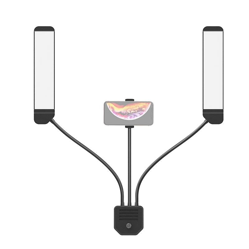 Portable Double Arm Fill Light With Phone Clip - Adjustable Brightness Black-1964932166118936577