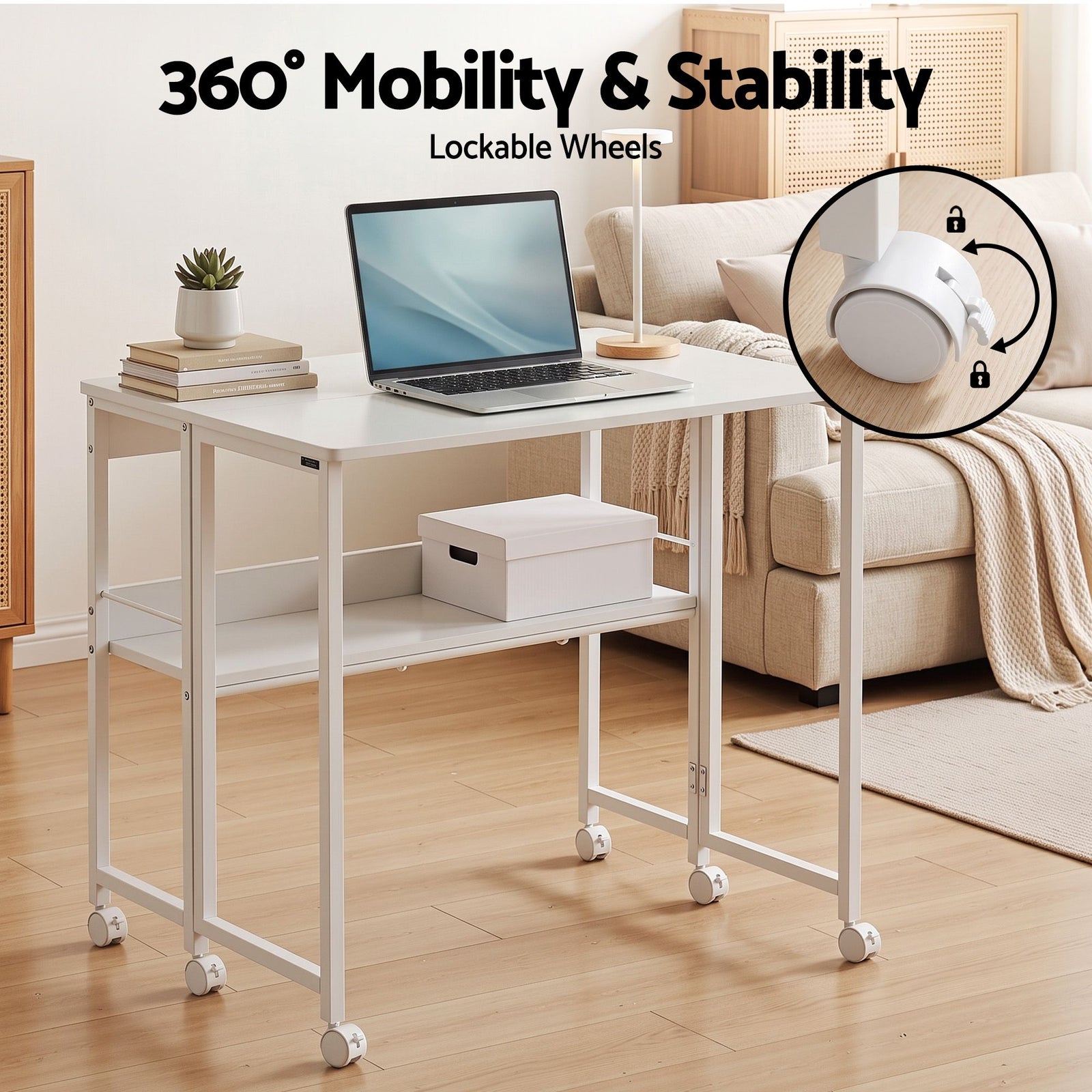 Artiss Foldable Computer Desk Mobile Study Table Workstation White 80cm